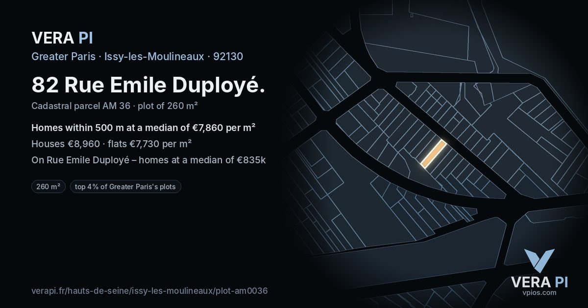 82 Rue Emile Duployé, Issy-les-Moulineaux at night – the plot lit, the parcels around coloured by the prices near them
