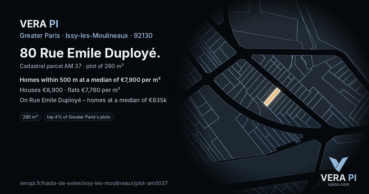 80 Rue Emile Duployé, Issy-les-Moulineaux at night – the plot lit, the parcels around coloured by the prices near them