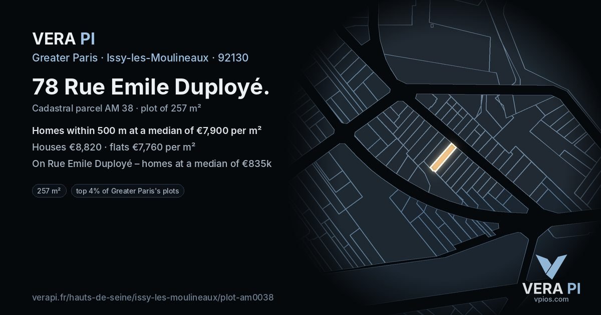 78 Rue Emile Duployé, Issy-les-Moulineaux at night – the plot lit, the parcels around coloured by the prices near them
