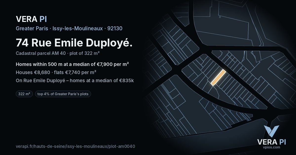 74 Rue Emile Duployé, Issy-les-Moulineaux at night – the plot lit, the parcels around coloured by the prices near them