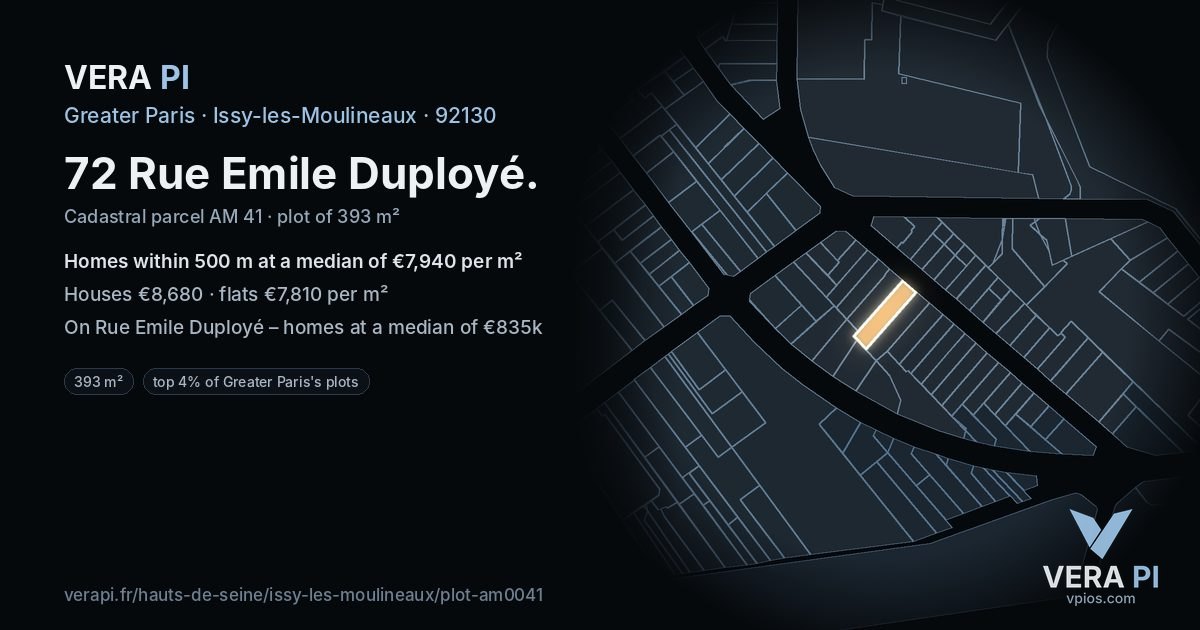 72 Rue Emile Duployé, Issy-les-Moulineaux at night – the plot lit, the parcels around coloured by the prices near them