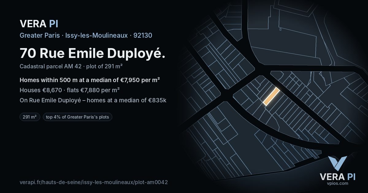 70 Rue Emile Duployé, Issy-les-Moulineaux at night – the plot lit, the parcels around coloured by the prices near them