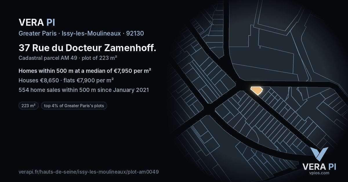 37 Rue du Docteur Zamenhoff, Issy-les-Moulineaux at night – the plot lit, the parcels around coloured by the prices near them