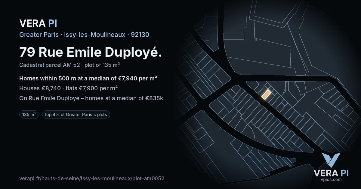 79 Rue Emile Duployé, Issy-les-Moulineaux at night – the plot lit, the parcels around coloured by the prices near them