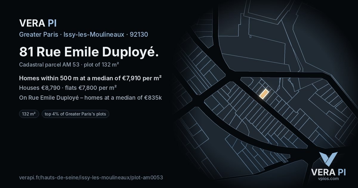 81 Rue Emile Duployé, Issy-les-Moulineaux at night – the plot lit, the parcels around coloured by the prices near them