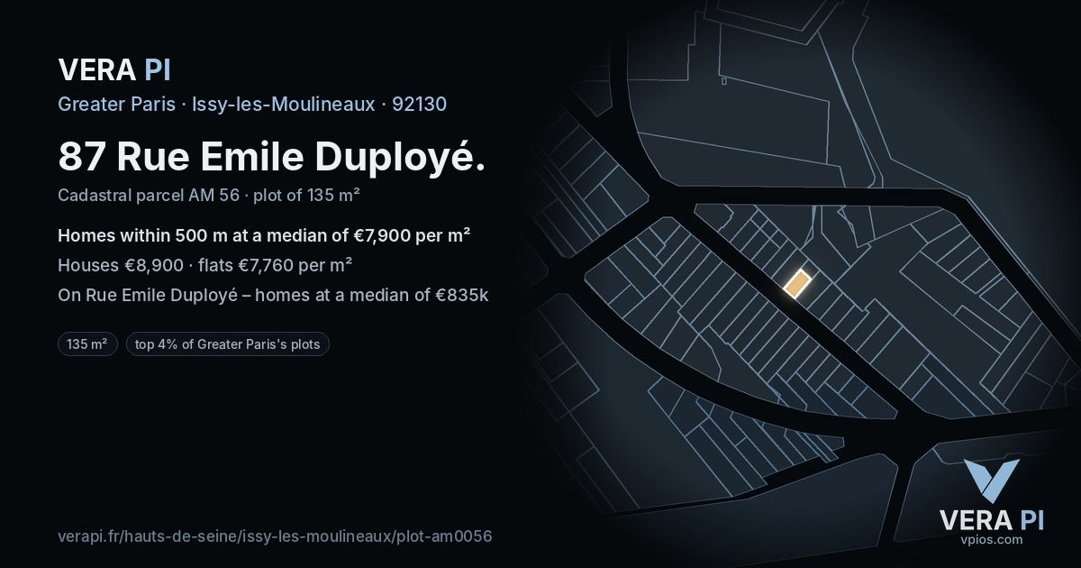 87 Rue Emile Duployé, Issy-les-Moulineaux at night – the plot lit, the parcels around coloured by the prices near them