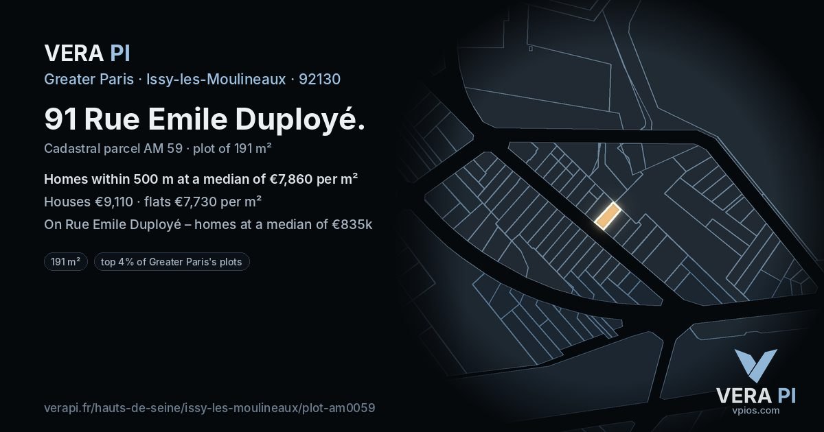 91 Rue Emile Duployé, Issy-les-Moulineaux at night – the plot lit, the parcels around coloured by the prices near them