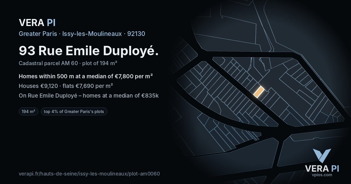93 Rue Emile Duployé, Issy-les-Moulineaux at night – the plot lit, the parcels around coloured by the prices near them