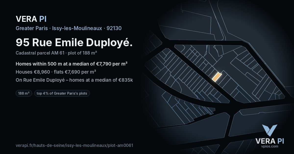 95 Rue Emile Duployé, Issy-les-Moulineaux at night – the plot lit, the parcels around coloured by the prices near them