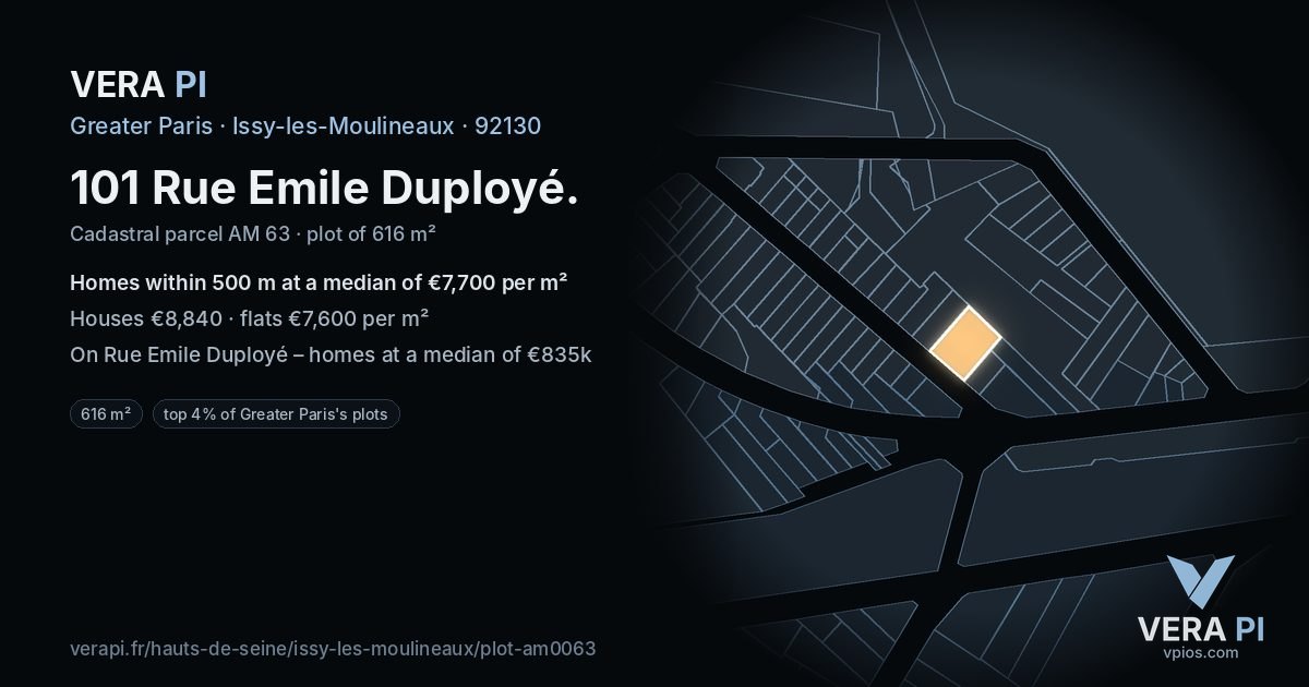 101 Rue Emile Duployé, Issy-les-Moulineaux at night – the plot lit, the parcels around coloured by the prices near them