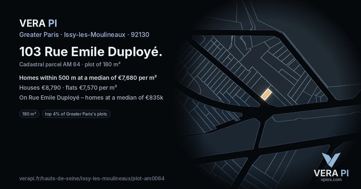 103 Rue Emile Duployé, Issy-les-Moulineaux at night – the plot lit, the parcels around coloured by the prices near them