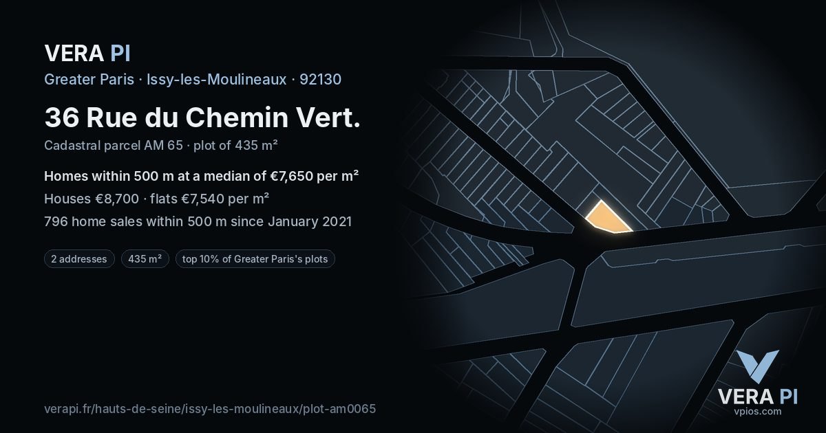 36 Rue du Chemin Vert, Issy-les-Moulineaux at night – the plot lit, the parcels around coloured by the prices near them