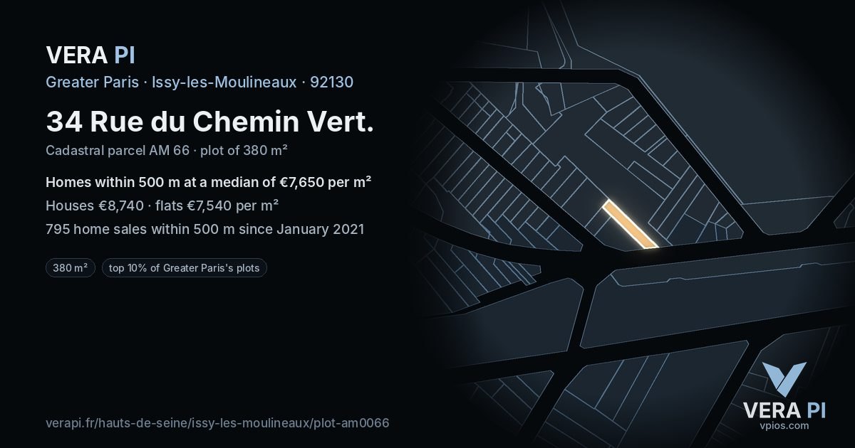 34 Rue du Chemin Vert, Issy-les-Moulineaux at night – the plot lit, the parcels around coloured by the prices near them