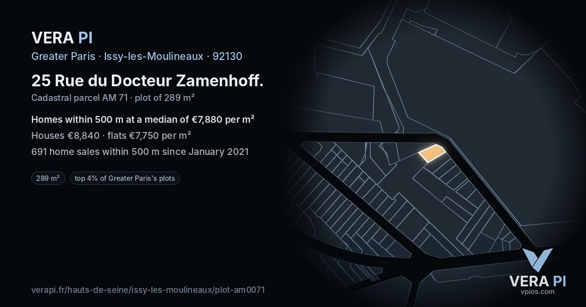 25 Rue du Docteur Zamenhoff, Issy-les-Moulineaux at night – the plot lit, the parcels around coloured by the prices near them