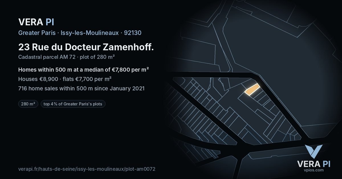 23 Rue du Docteur Zamenhoff, Issy-les-Moulineaux at night – the plot lit, the parcels around coloured by the prices near them