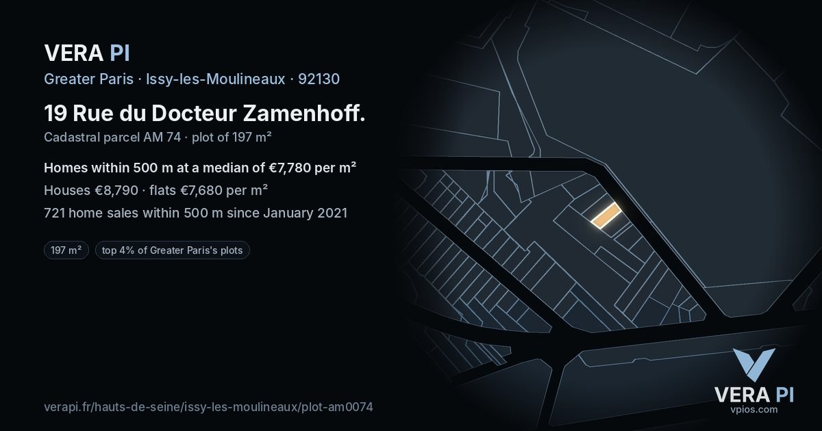 19 Rue du Docteur Zamenhoff, Issy-les-Moulineaux at night – the plot lit, the parcels around coloured by the prices near them