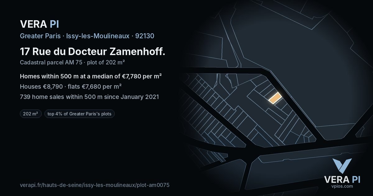 17 Rue du Docteur Zamenhoff, Issy-les-Moulineaux at night – the plot lit, the parcels around coloured by the prices near them