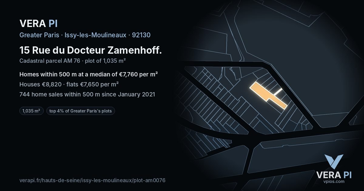 15 Rue du Docteur Zamenhoff, Issy-les-Moulineaux at night – the plot lit, the parcels around coloured by the prices near them
