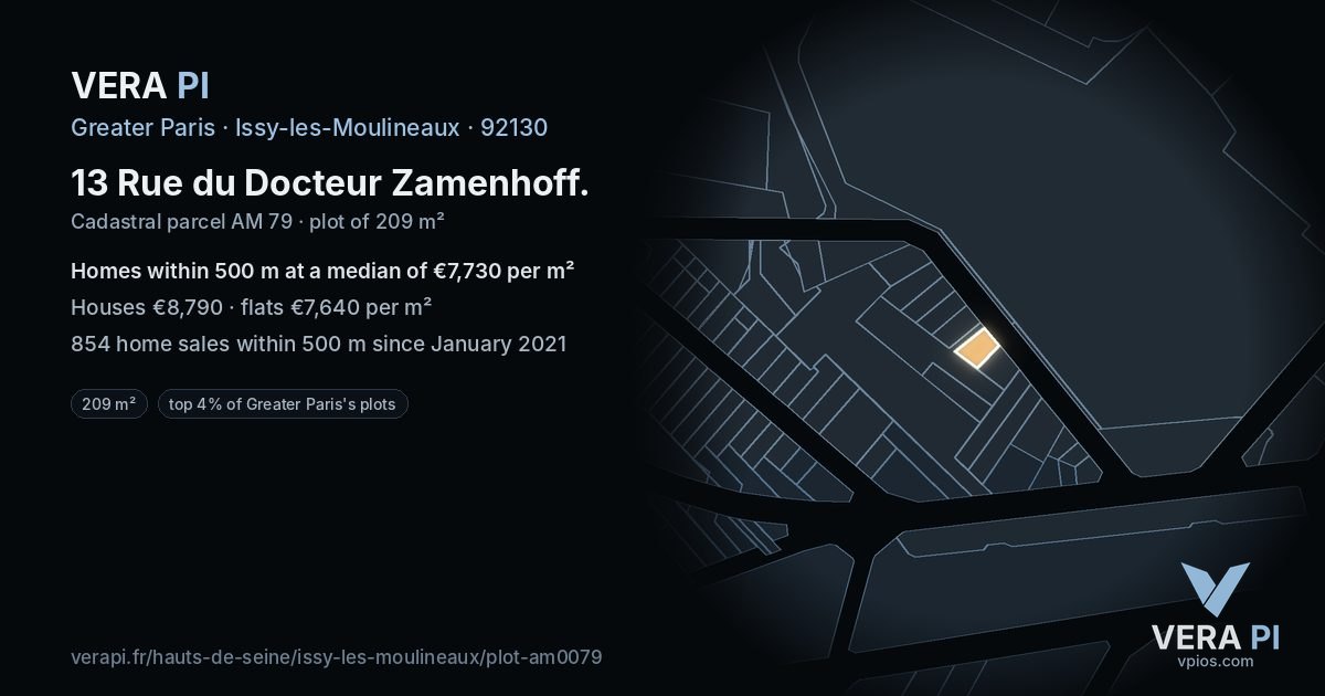 13 Rue du Docteur Zamenhoff, Issy-les-Moulineaux at night – the plot lit, the parcels around coloured by the prices near them