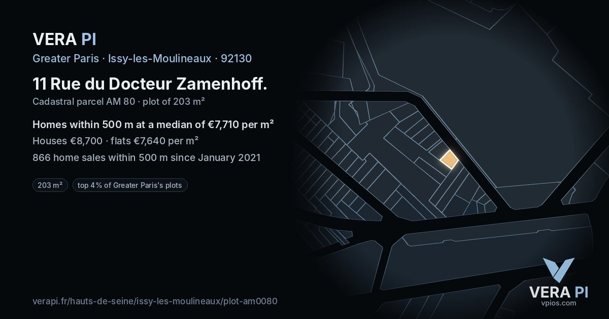 11 Rue du Docteur Zamenhoff, Issy-les-Moulineaux at night – the plot lit, the parcels around coloured by the prices near them