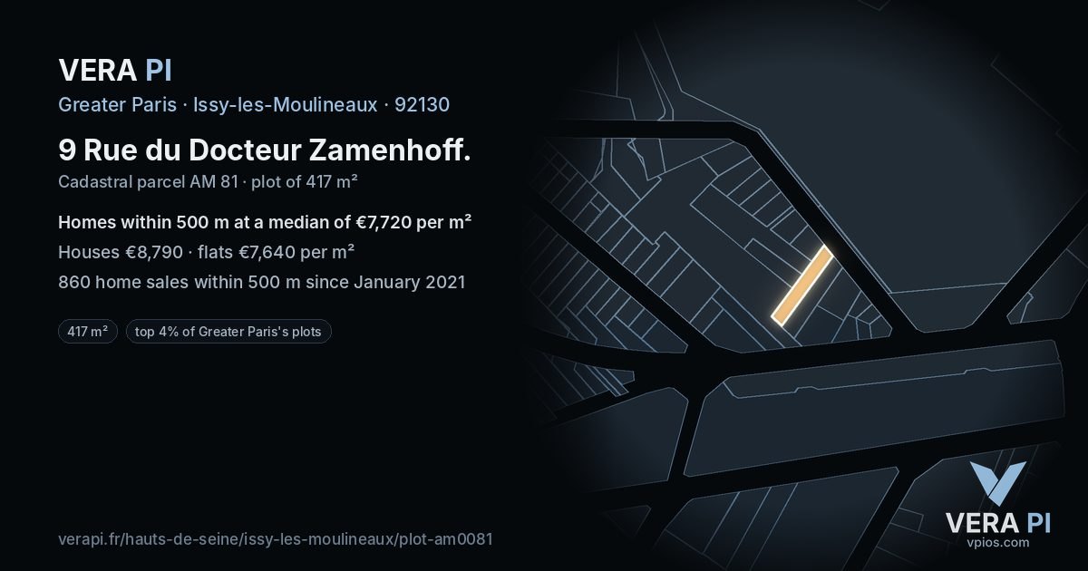 9 Rue du Docteur Zamenhoff, Issy-les-Moulineaux at night – the plot lit, the parcels around coloured by the prices near them
