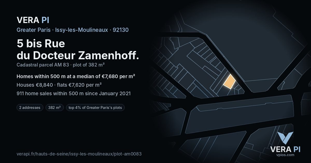 5 bis Rue du Docteur Zamenhoff, Issy-les-Moulineaux at night – the plot lit, the parcels around coloured by the prices near them