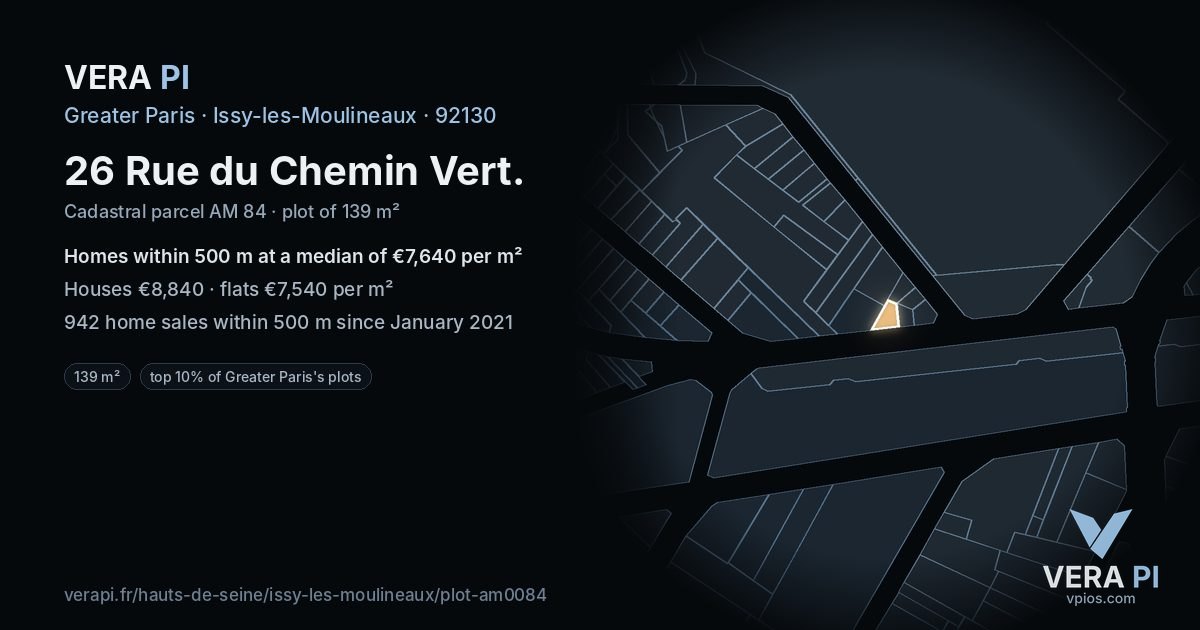 26 Rue du Chemin Vert, Issy-les-Moulineaux at night – the plot lit, the parcels around coloured by the prices near them