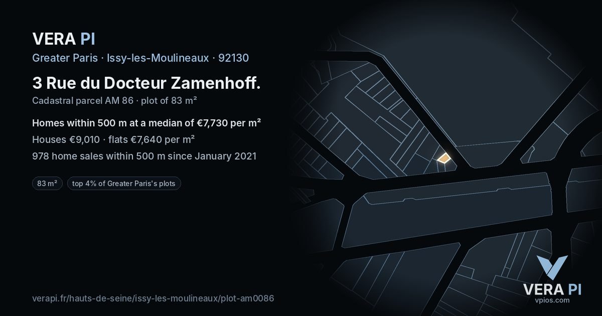 3 Rue du Docteur Zamenhoff, Issy-les-Moulineaux at night – the plot lit, the parcels around coloured by the prices near them