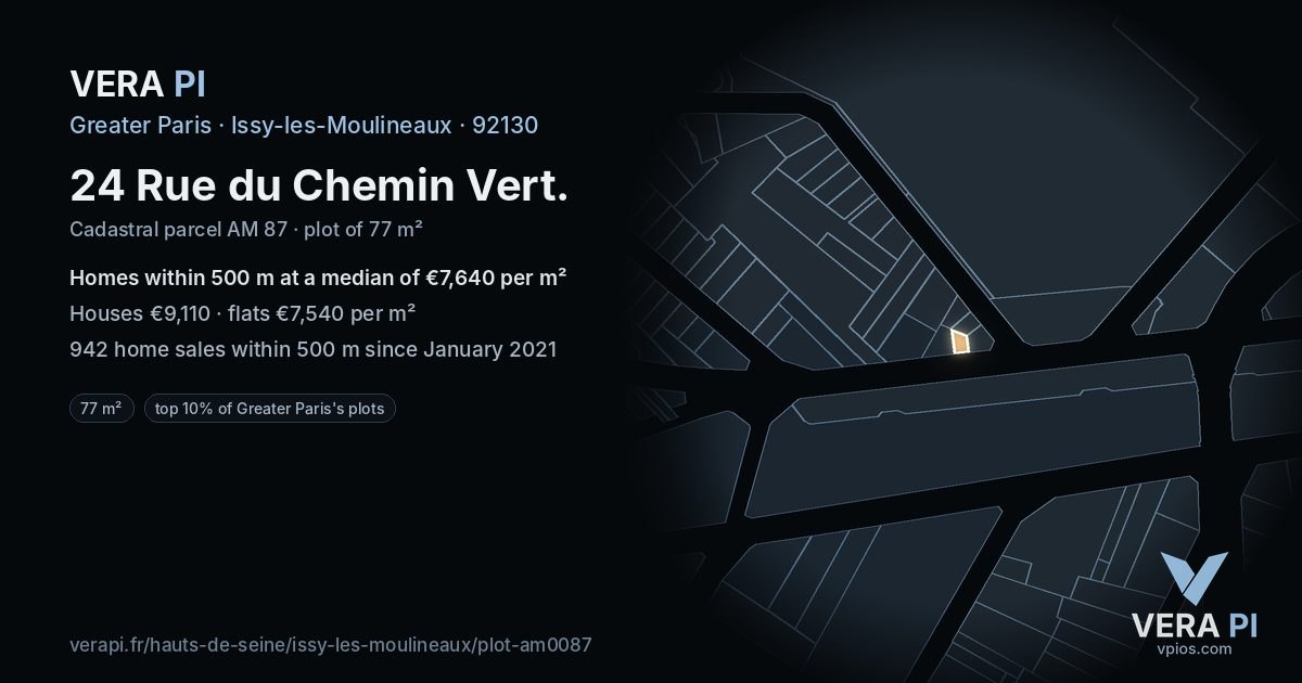 24 Rue du Chemin Vert, Issy-les-Moulineaux at night – the plot lit, the parcels around coloured by the prices near them