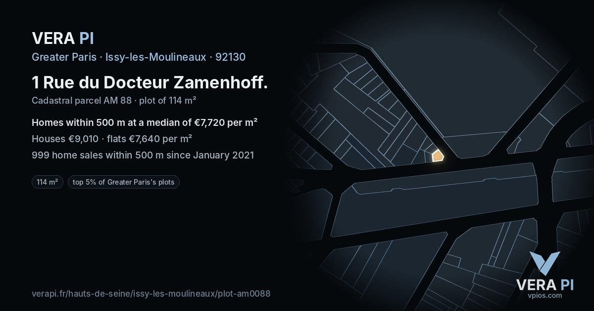 1 Rue du Docteur Zamenhoff, Issy-les-Moulineaux at night – the plot lit, the parcels around coloured by the prices near them