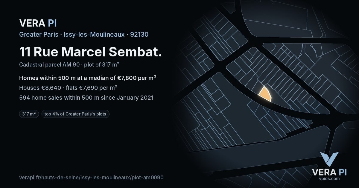 11 Rue Marcel Sembat, Issy-les-Moulineaux at night – the plot lit, the parcels around coloured by the prices near them