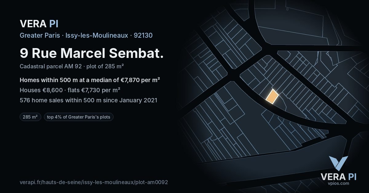 9 Rue Marcel Sembat, Issy-les-Moulineaux at night – the plot lit, the parcels around coloured by the prices near them