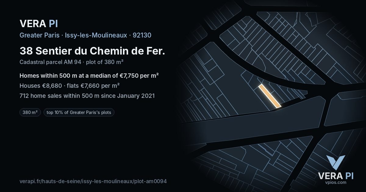38 Sentier du Chemin de Fer, Issy-les-Moulineaux at night – the plot lit, the parcels around coloured by the prices near them