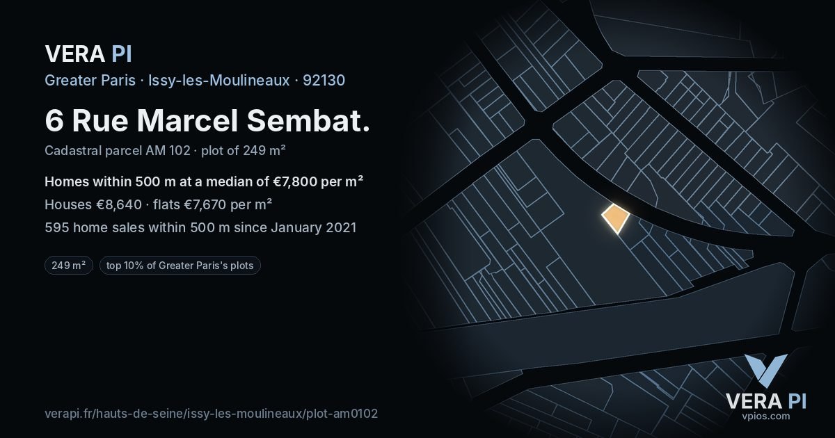 6 Rue Marcel Sembat, Issy-les-Moulineaux at night – the plot lit, the parcels around coloured by the prices near them