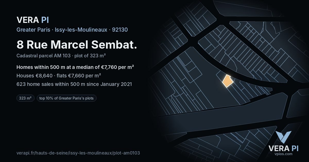 8 Rue Marcel Sembat, Issy-les-Moulineaux at night – the plot lit, the parcels around coloured by the prices near them