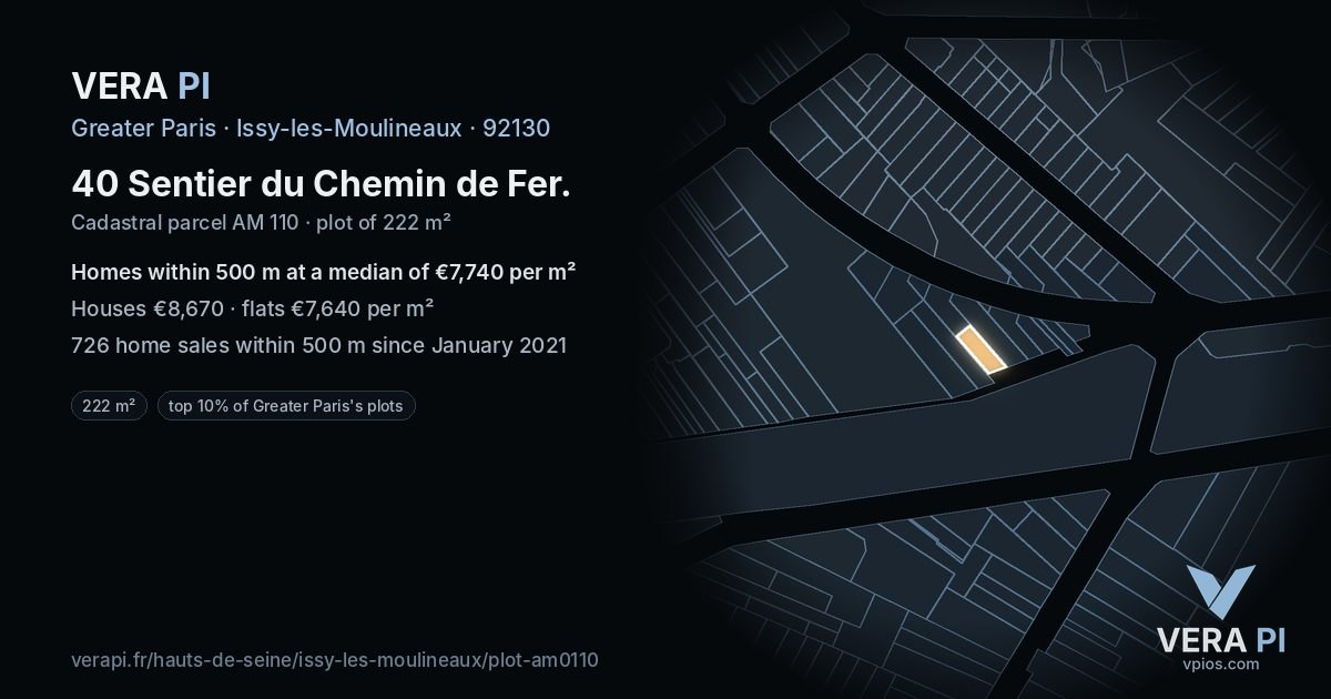40 Sentier du Chemin de Fer, Issy-les-Moulineaux at night – the plot lit, the parcels around coloured by the prices near them
