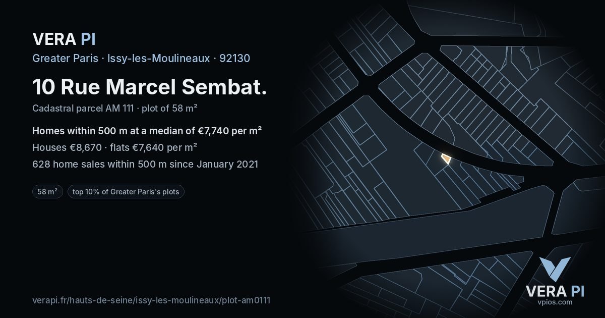 10 Rue Marcel Sembat, Issy-les-Moulineaux at night – the plot lit, the parcels around coloured by the prices near them