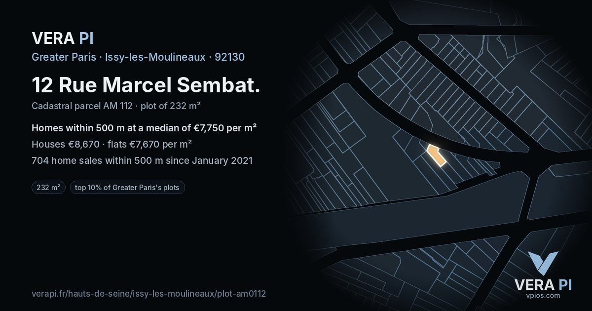 12 Rue Marcel Sembat, Issy-les-Moulineaux at night – the plot lit, the parcels around coloured by the prices near them