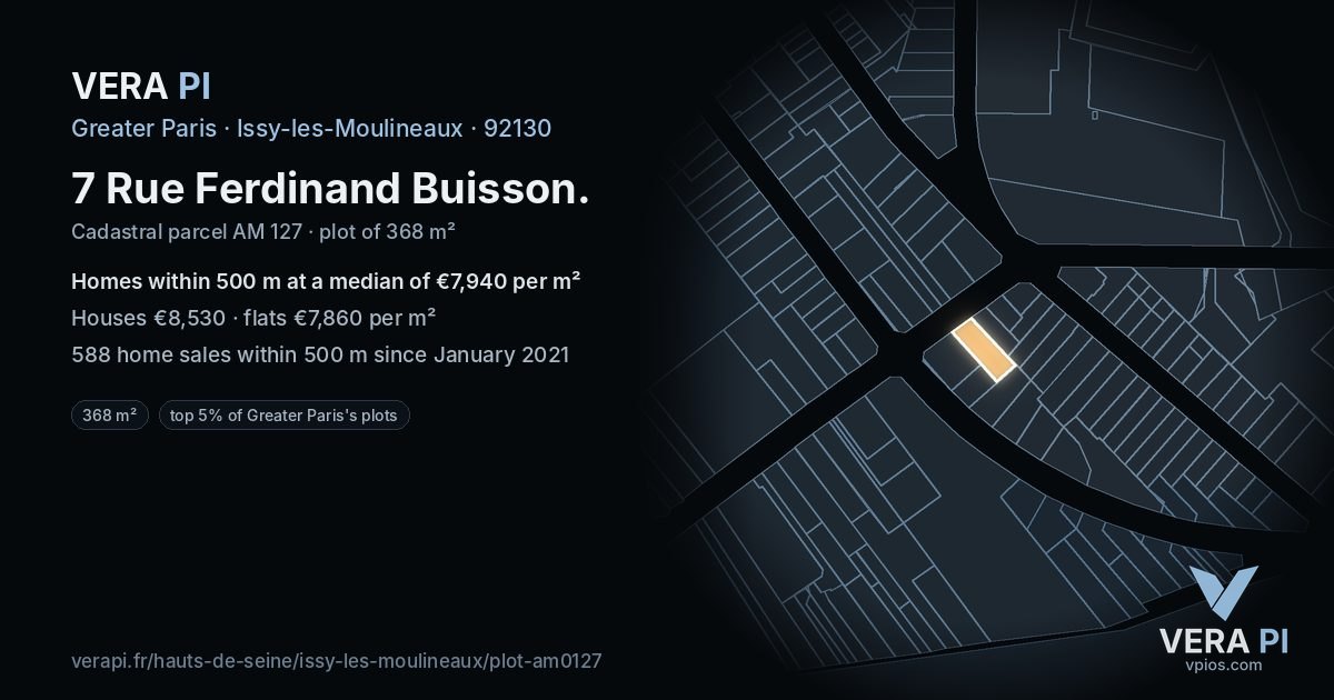 7 Rue Ferdinand Buisson, Issy-les-Moulineaux at night – the plot lit, the parcels around coloured by the prices near them