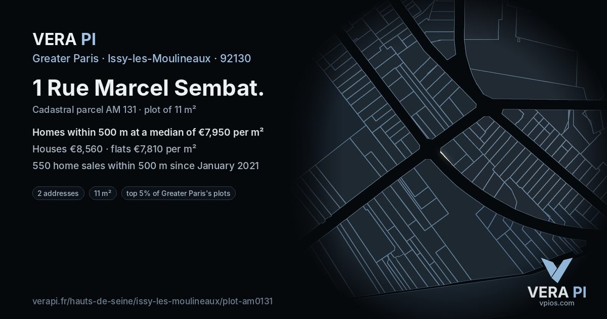 1 Rue Marcel Sembat, Issy-les-Moulineaux at night – the plot lit, the parcels around coloured by the prices near them