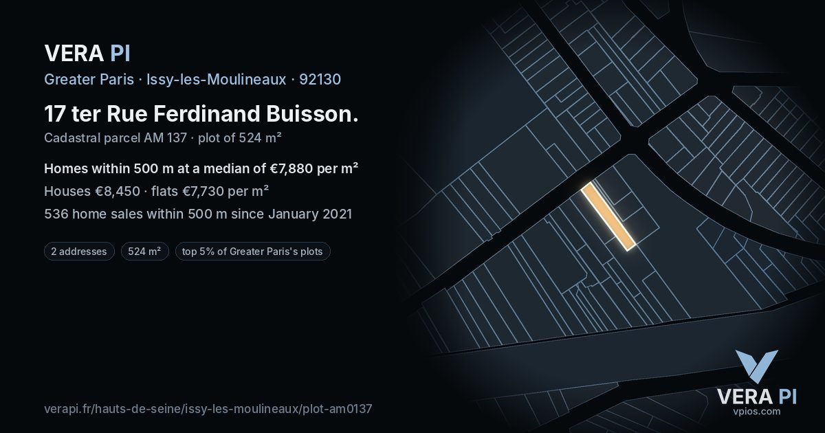 17 ter Rue Ferdinand Buisson, Issy-les-Moulineaux at night – the plot lit, the parcels around coloured by the prices near them