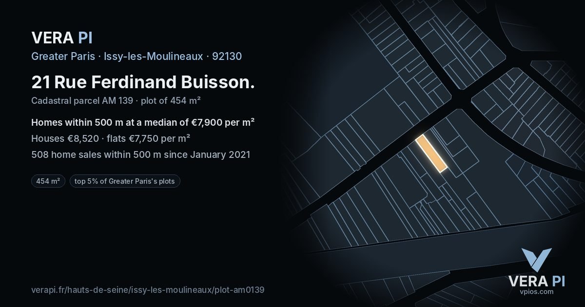 21 Rue Ferdinand Buisson, Issy-les-Moulineaux at night – the plot lit, the parcels around coloured by the prices near them
