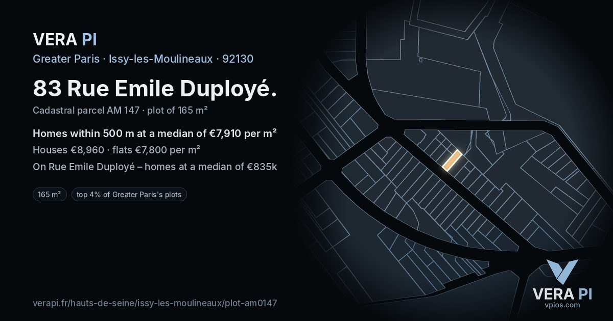 83 Rue Emile Duployé, Issy-les-Moulineaux at night – the plot lit, the parcels around coloured by the prices near them