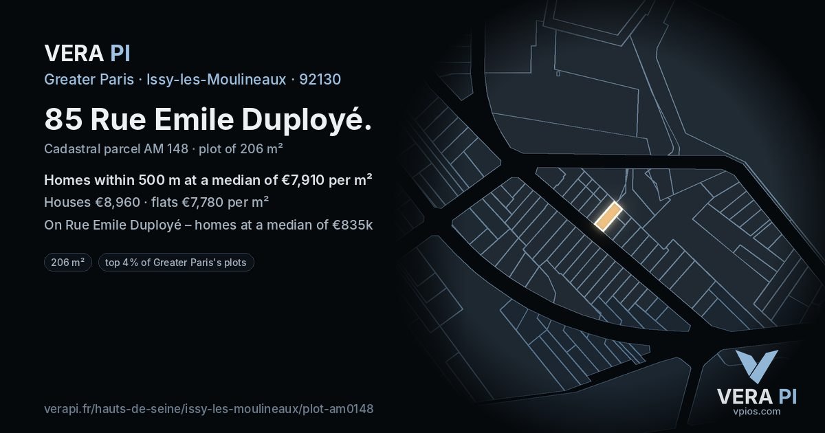 85 Rue Emile Duployé, Issy-les-Moulineaux at night – the plot lit, the parcels around coloured by the prices near them