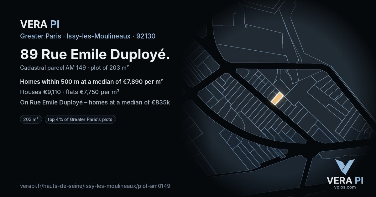 89 Rue Emile Duployé, Issy-les-Moulineaux at night – the plot lit, the parcels around coloured by the prices near them
