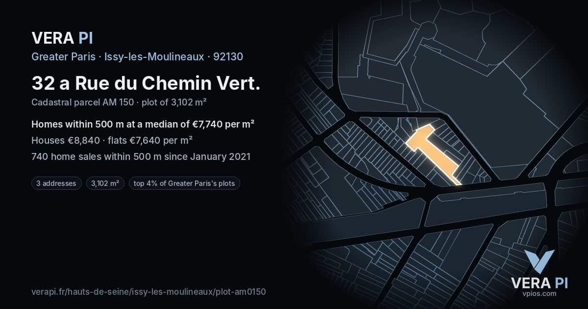 32 a Rue du Chemin Vert, Issy-les-Moulineaux at night – the plot lit, the parcels around coloured by the prices near them