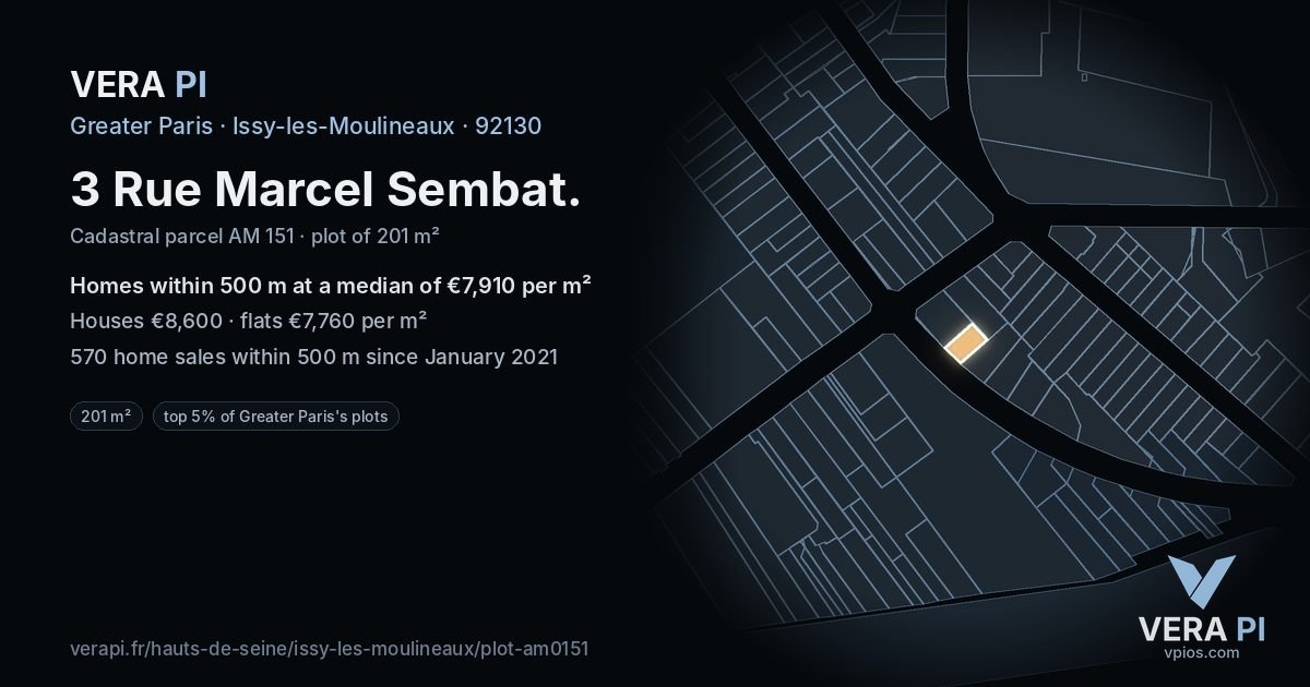 3 Rue Marcel Sembat, Issy-les-Moulineaux at night – the plot lit, the parcels around coloured by the prices near them