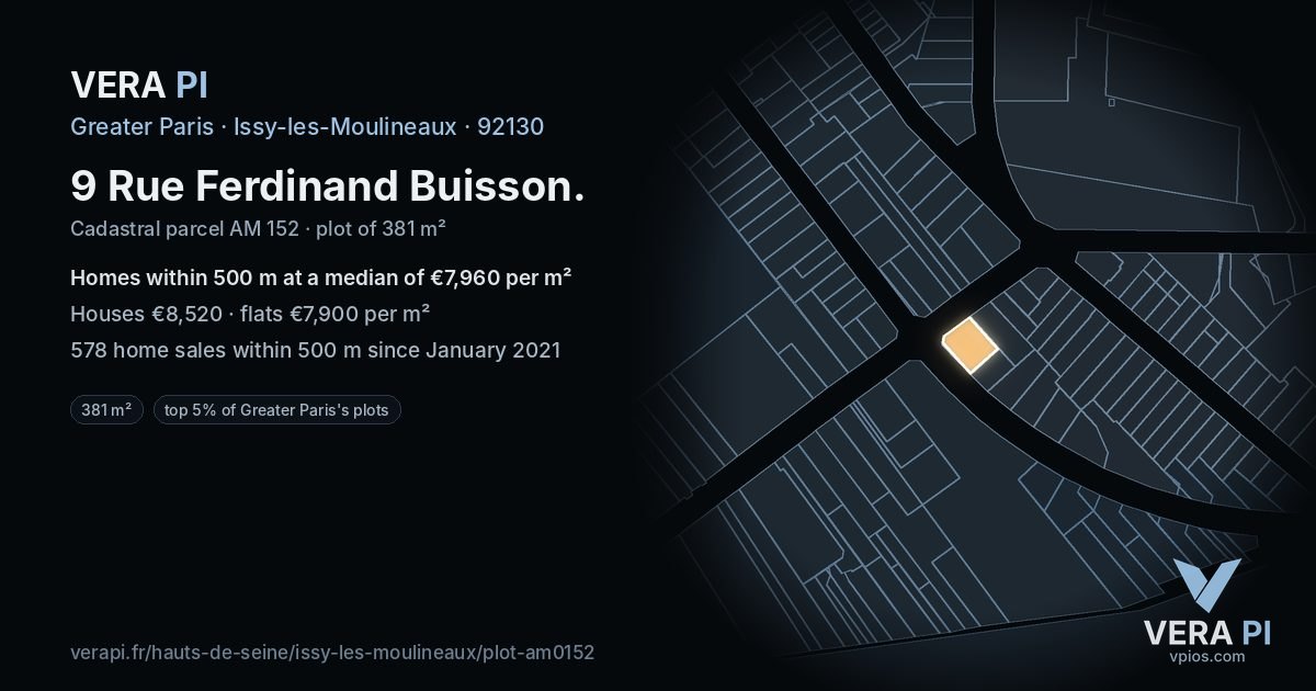 9 Rue Ferdinand Buisson, Issy-les-Moulineaux at night – the plot lit, the parcels around coloured by the prices near them
