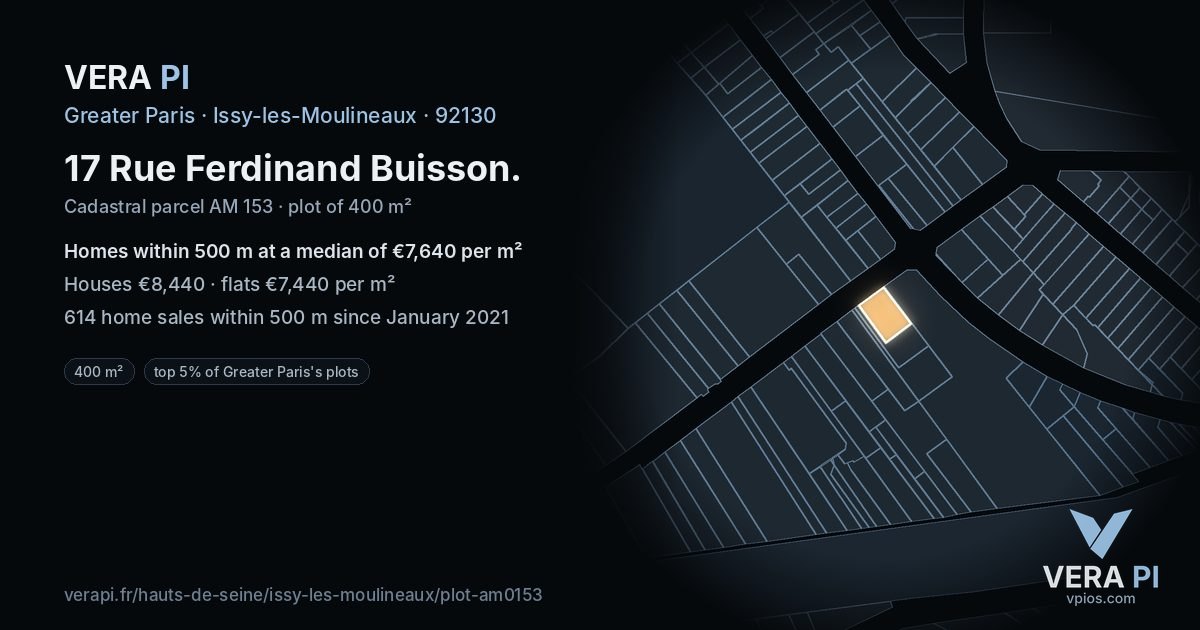 17 Rue Ferdinand Buisson, Issy-les-Moulineaux at night – the plot lit, the parcels around coloured by the prices near them