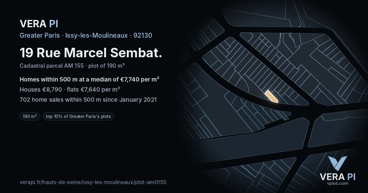 19 Rue Marcel Sembat, Issy-les-Moulineaux at night – the plot lit, the parcels around coloured by the prices near them